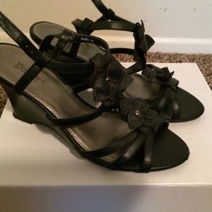 Black Wedge Sandals with Flower accent